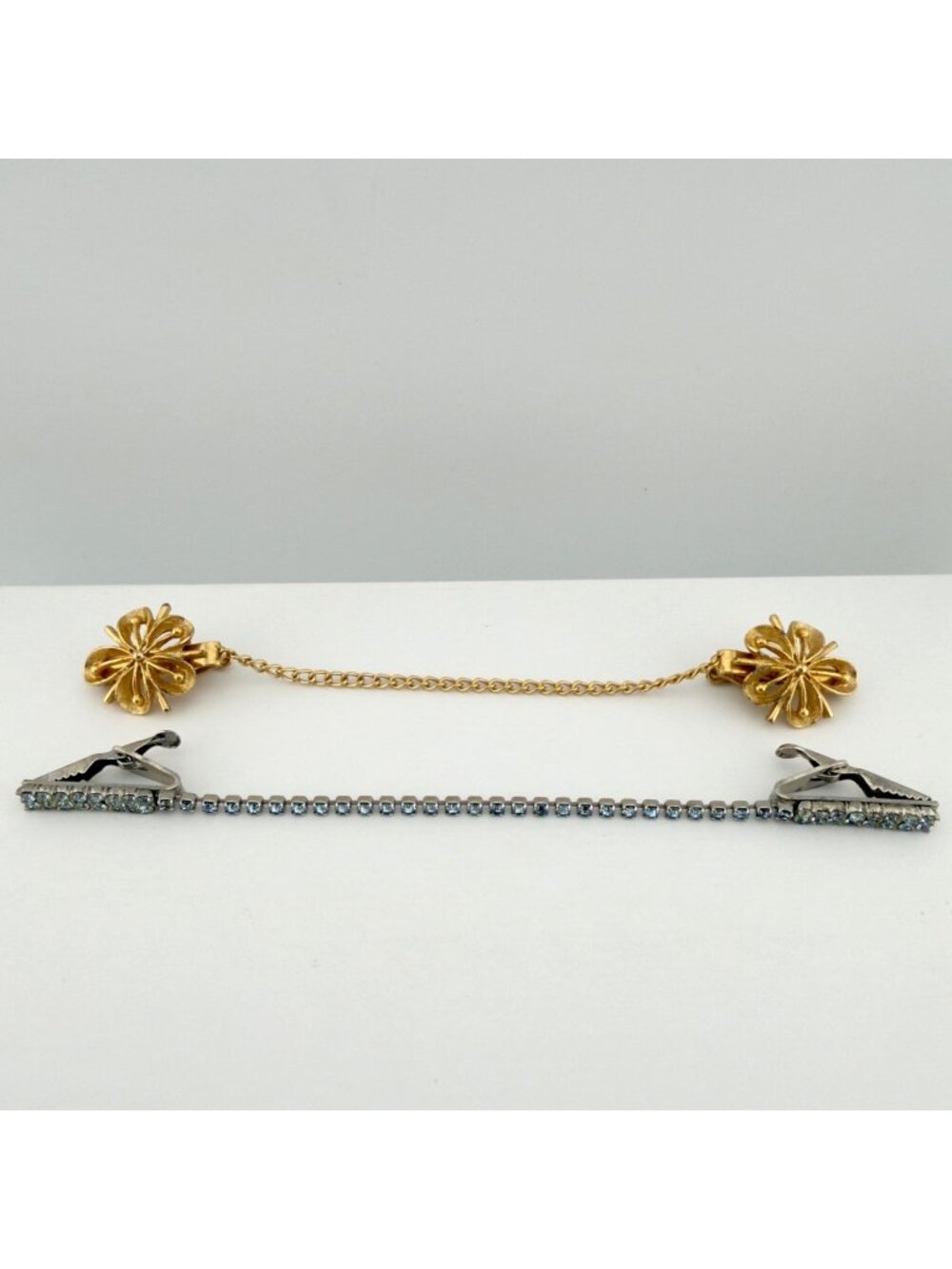 Vintage Sweater Clips Set of 2 Gold Tone Rhinestone Floral